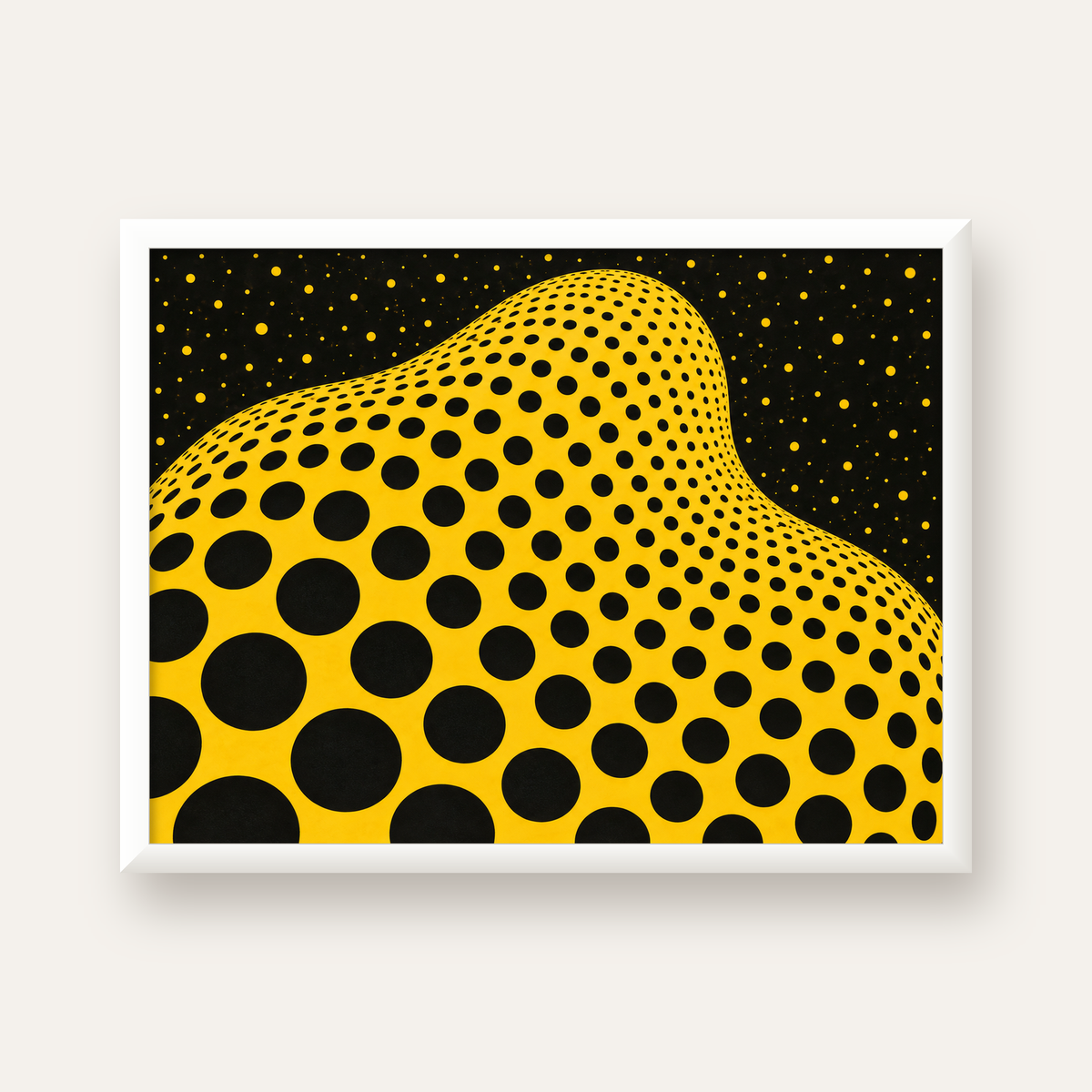 Sarı Siyah Noktalı Dalgalı Op-Art Soyut Poster — beyaz çerçeveli yatay poster