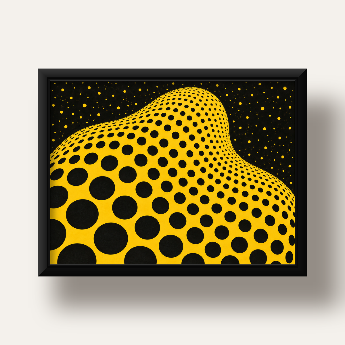 Sarı Siyah Noktalı Dalgalı Op-Art Soyut Poster — siyah derin çerçeveli