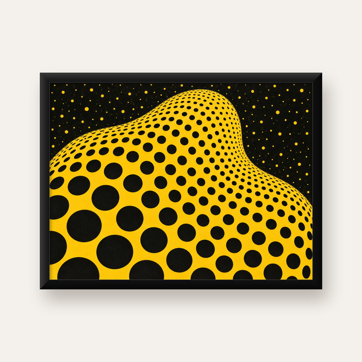 Sarı Siyah Noktalı Dalgalı Op-Art Soyut Poster — Yatay baskı, düz siyah çerçeveli duvar posteri