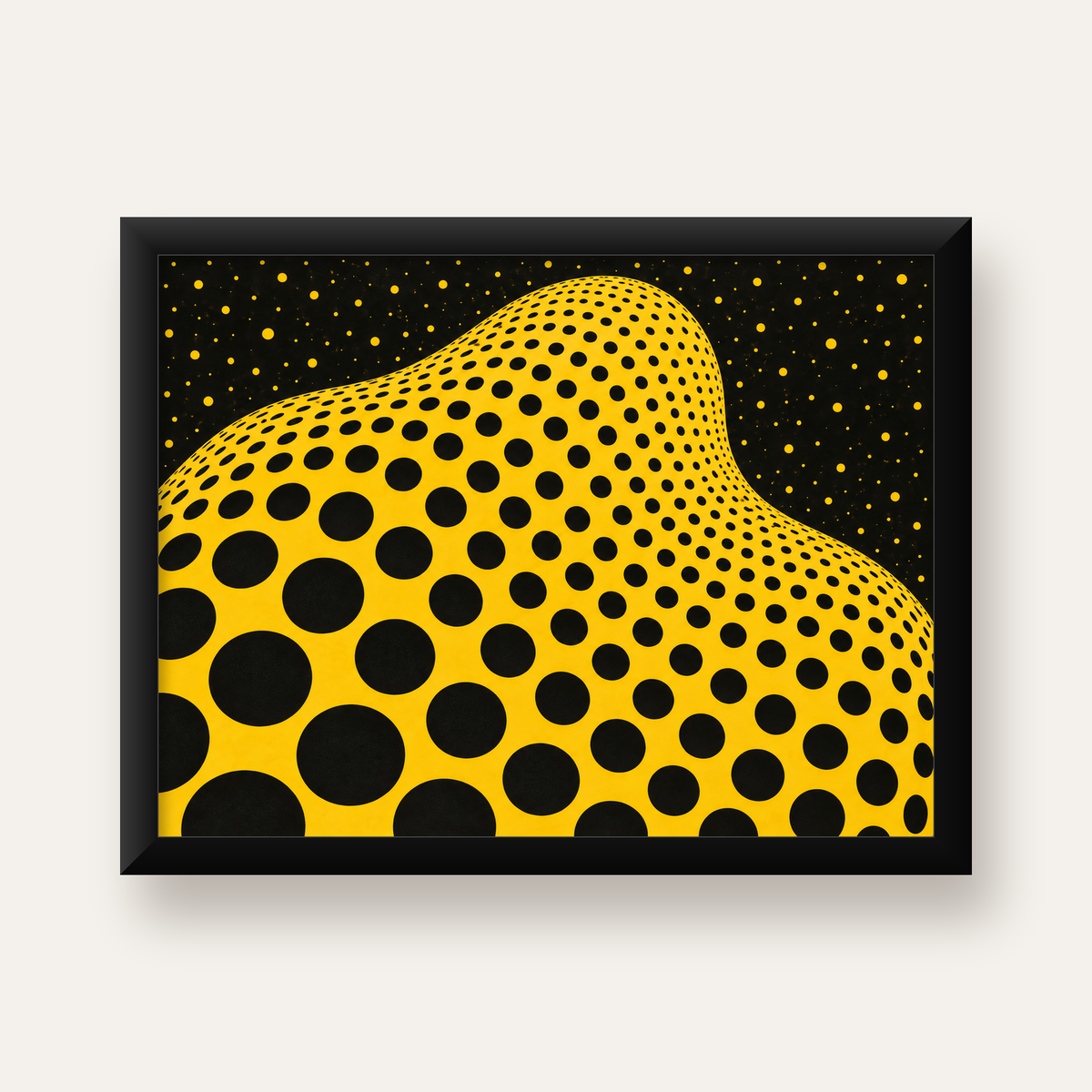 Sarı Siyah Noktalı Dalgalı Op-Art Soyut Poster — Yatay baskı, düz siyah çerçeveli duvar posteri
