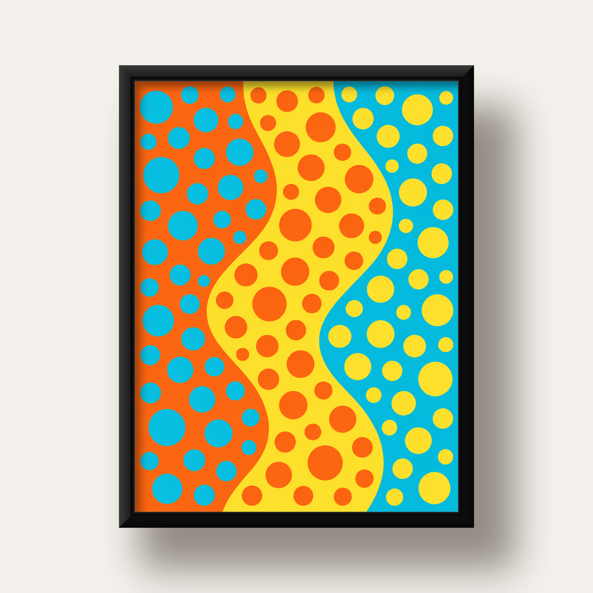 Retro Puantiyeli Dalga Desen Dijital Poster – Turuncu, Sarı, Turkuaz — siyah derin çerçeveli