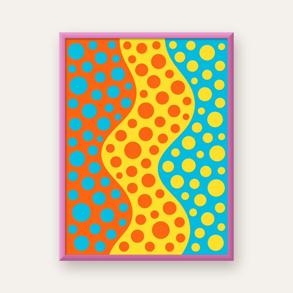 Retro Puantiyeli Dalga Desen Dijital Poster – Turuncu, Sarı, Turkuaz — pembe çerçeveli