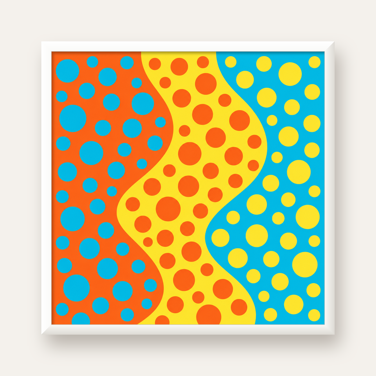 Retro Puantiyeli Dalga Desen Dijital Poster – Turuncu, Sarı, Turkuaz — beyaz çerçeveli kare poster