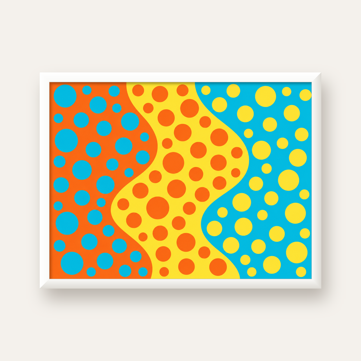 Retro Puantiyeli Dalga Desen Dijital Poster – Turuncu, Sarı, Turkuaz — beyaz çerçeveli yatay poster
