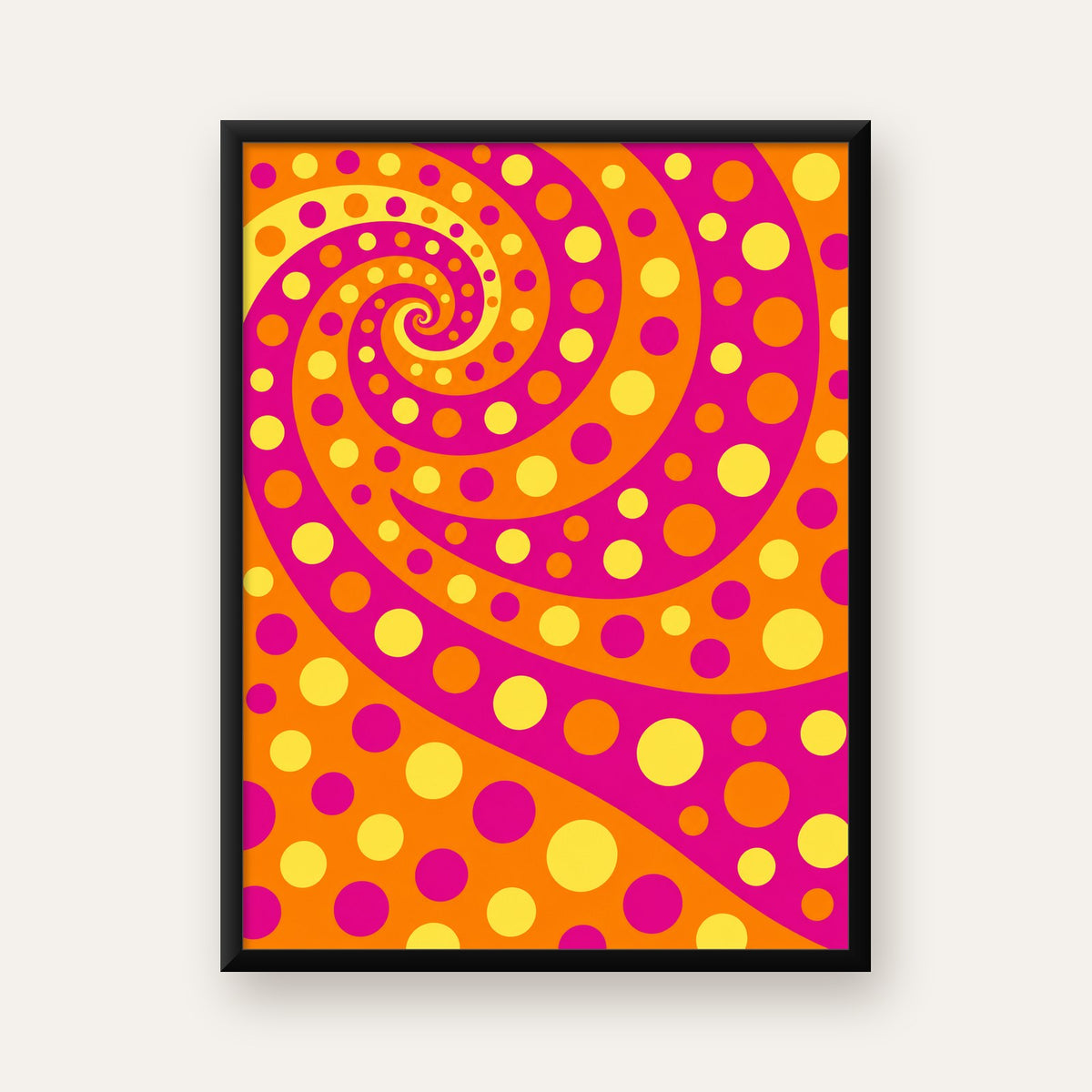 Retro Spiral Desenli Soyut Sanat Poster – Canlı Renkler — Dikey baskı, düz siyah çerçeveli duvar posteri