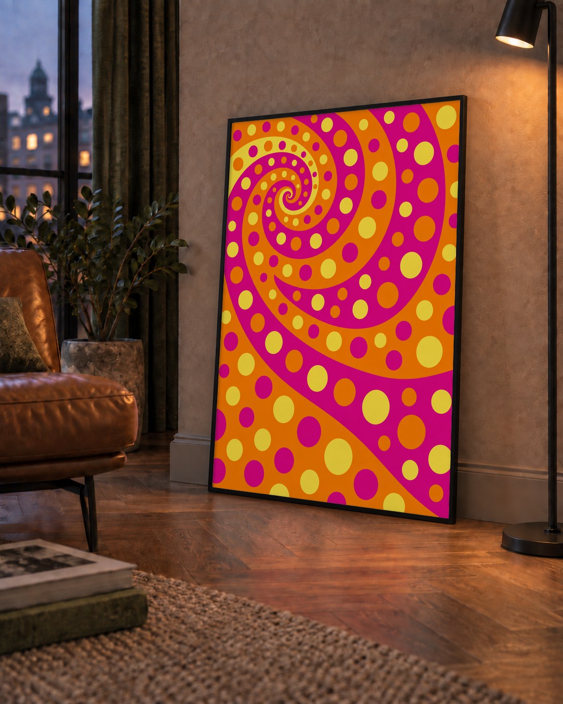 Retro Spiral Desenli Soyut Sanat Poster – Canlı Renkler — çerçeveli hâliyle bir ev duvarında