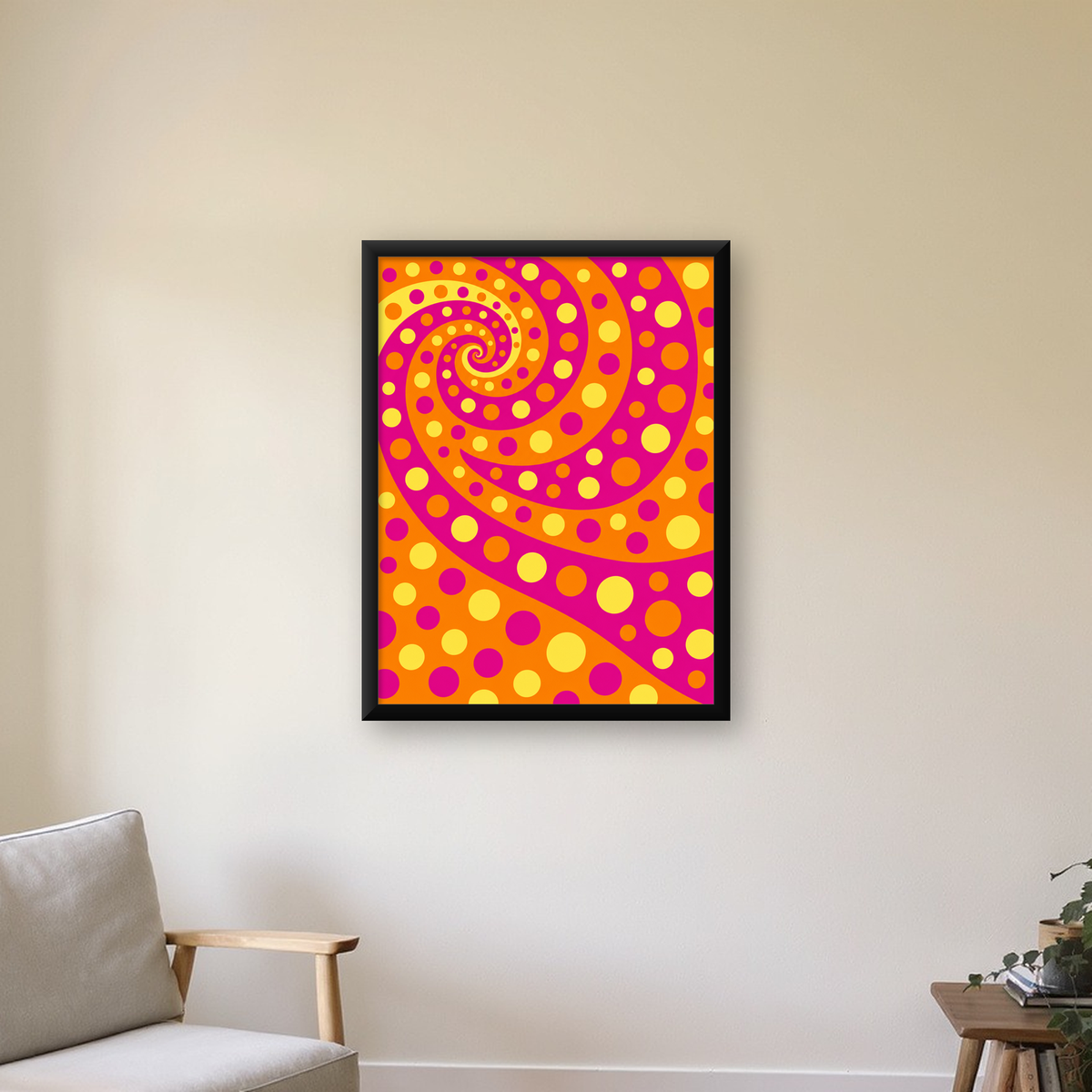Retro Spiral Desenli Soyut Sanat Poster – Canlı Renkler — Dikey baskı, çerçeveli hâliyle bir ev duvarında