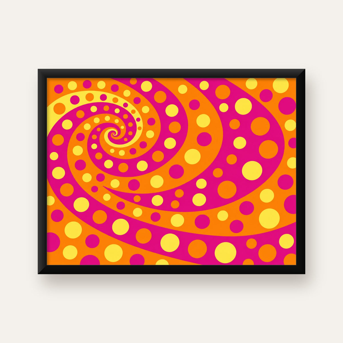 Retro Spiral Desenli Soyut Sanat Poster – Canlı Renkler — Yatay baskı, düz siyah çerçeveli duvar posteri