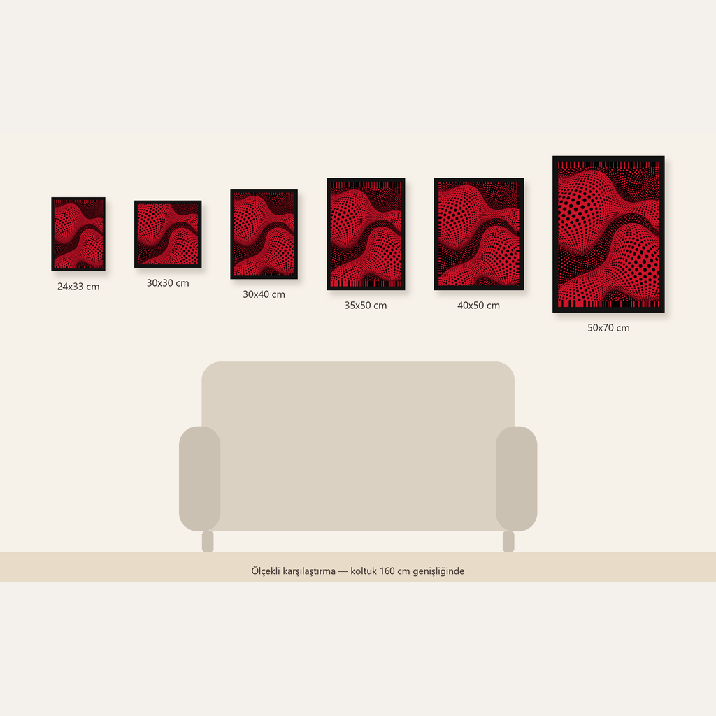 Kırmızı Siyah Op-Art Dalga Desenli Modern Poster — Dikey ölçülerinin karşılaştırması