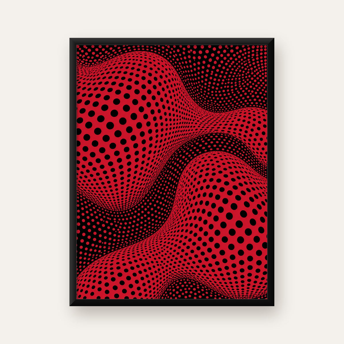 Kırmızı Siyah Op-Art Dalga Desenli Modern Poster — Dikey baskı, düz siyah çerçeveli duvar posteri