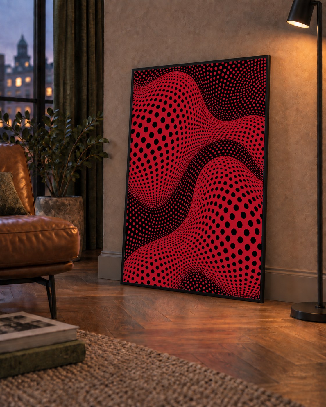 Kırmızı Siyah Op-Art Dalga Desenli Modern Poster — çerçeveli hâliyle bir ev duvarında