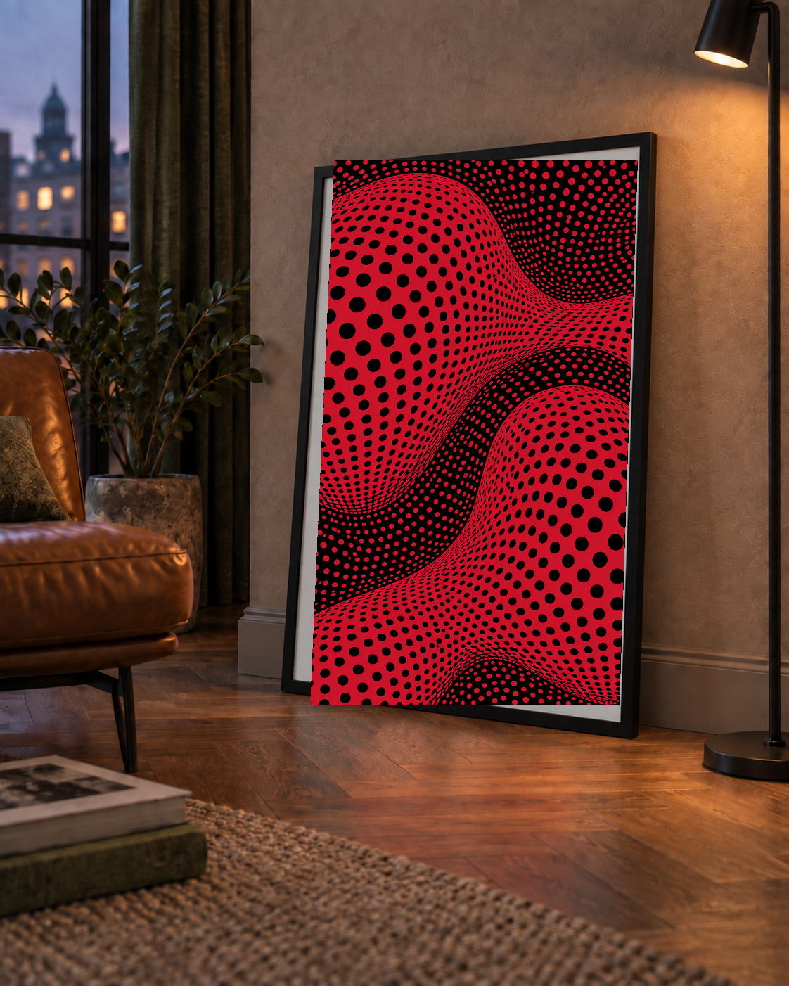 Kırmızı Siyah Op-Art Dalga Desenli Modern Poster