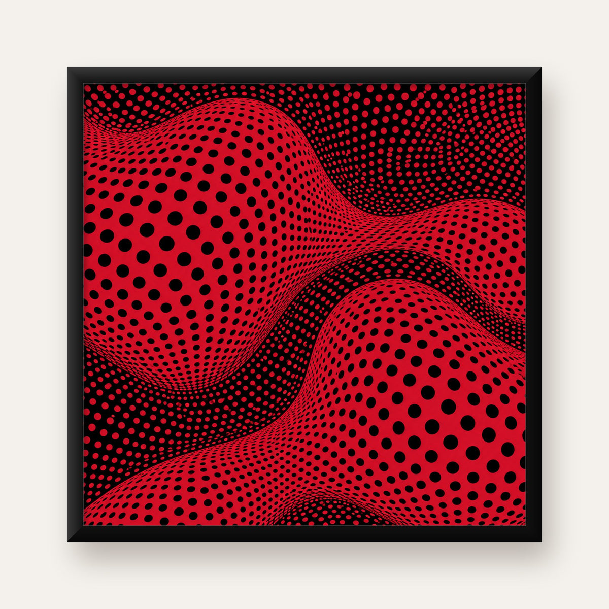 Kırmızı Siyah Op-Art Dalga Desenli Modern Poster — Kare baskı, düz siyah çerçeveli duvar posteri