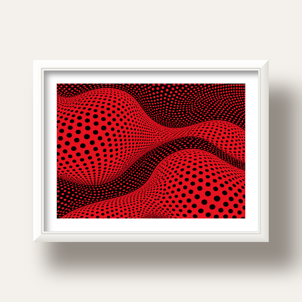 Kırmızı Siyah Op-Art Dalga Desenli Modern Poster — beyaz derin çerçeveli paspartulu