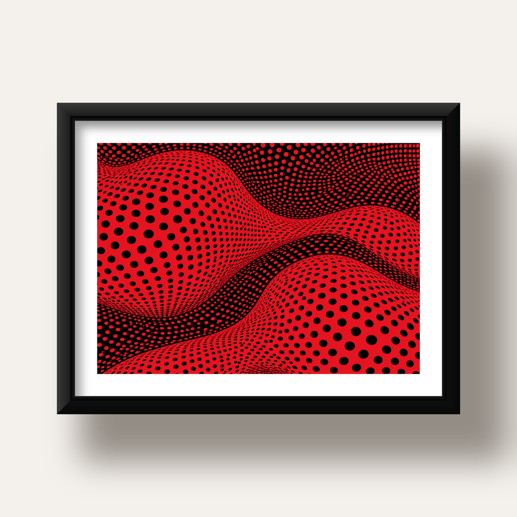 Kırmızı Siyah Op-Art Dalga Desenli Modern Poster — siyah derin çerçeveli paspartulu