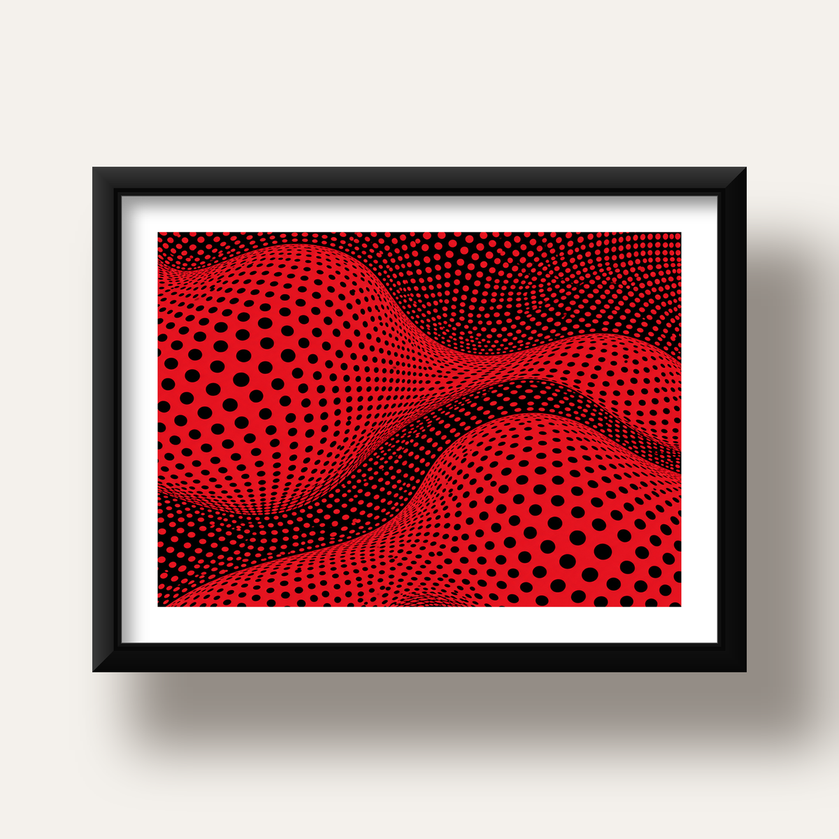 Kırmızı Siyah Op-Art Dalga Desenli Modern Poster — siyah derin çerçeveli paspartulu