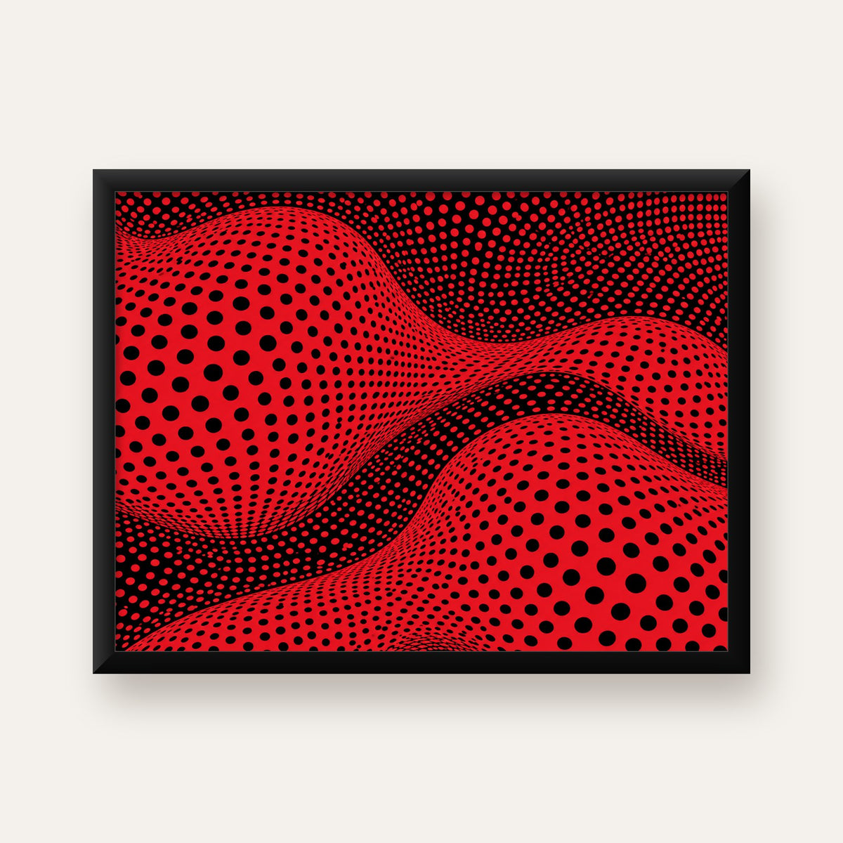 Kırmızı Siyah Op-Art Dalga Desenli Modern Poster — Yatay baskı, düz siyah çerçeveli duvar posteri
