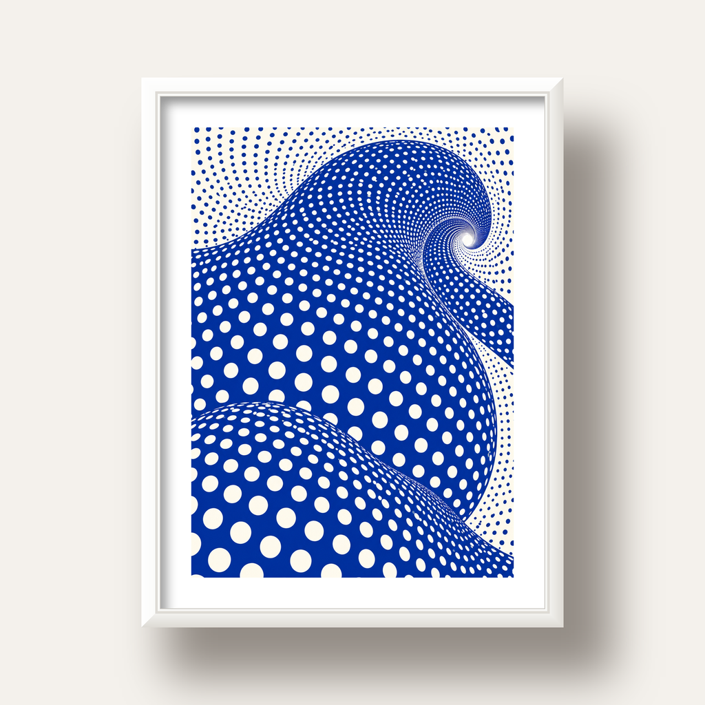 Mavi Beyaz Dalgalı Optik İllüzyon Poster - Modern Duvar Sanatı — beyaz derin çerçeveli paspartulu