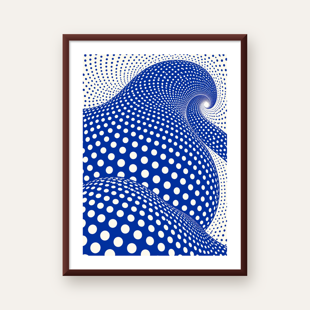 Mavi Beyaz Dalgalı Optik İllüzyon Poster - Modern Duvar Sanatı — ceviz çerçeveli paspartulu