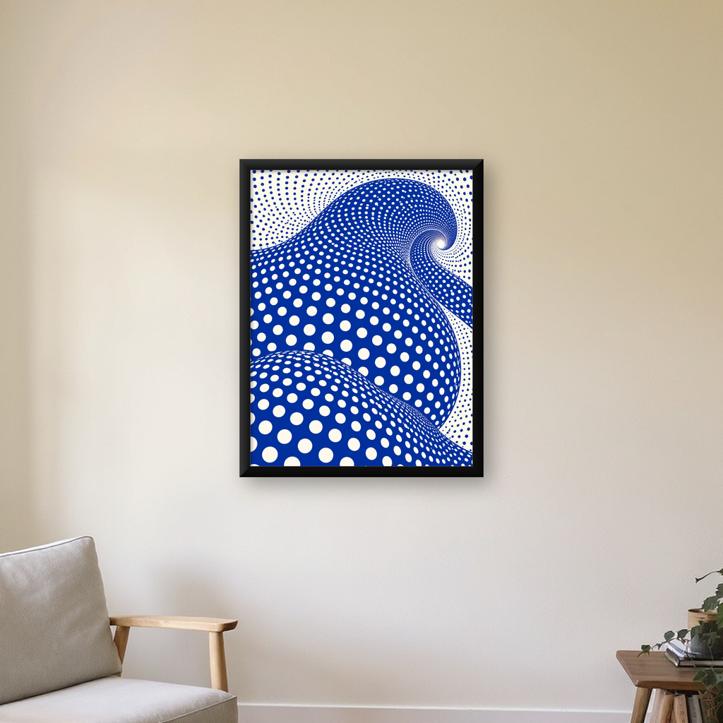 Mavi Beyaz Dalgalı Optik İllüzyon Poster - Modern Duvar Sanatı — Dikey baskı, çerçeveli hâliyle bir ev duvarında