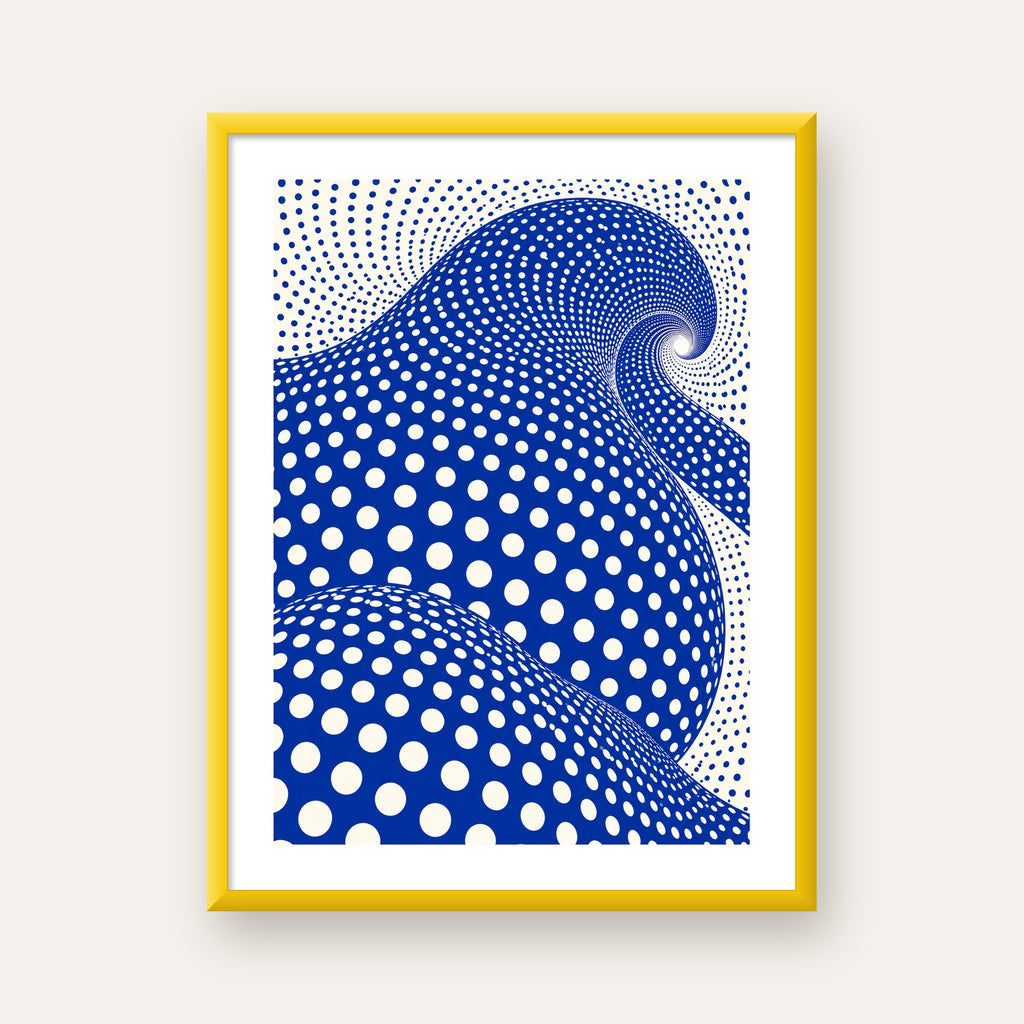 Mavi Beyaz Dalgalı Optik İllüzyon Poster - Modern Duvar Sanatı — sarı çerçeveli paspartulu