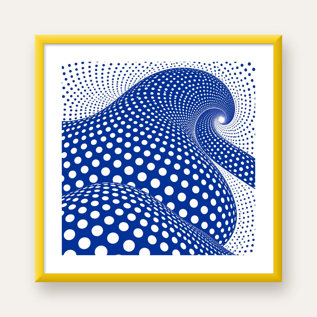Mavi Beyaz Dalgalı Optik İllüzyon Poster - Modern Duvar Sanatı — sarı çerçeveli paspartulu