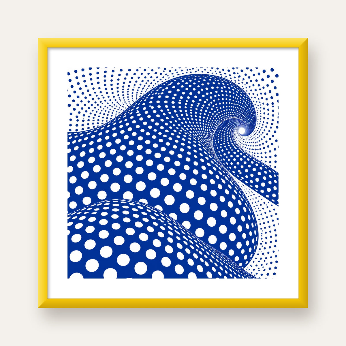 Mavi Beyaz Dalgalı Optik İllüzyon Poster - Modern Duvar Sanatı — sarı çerçeveli paspartulu