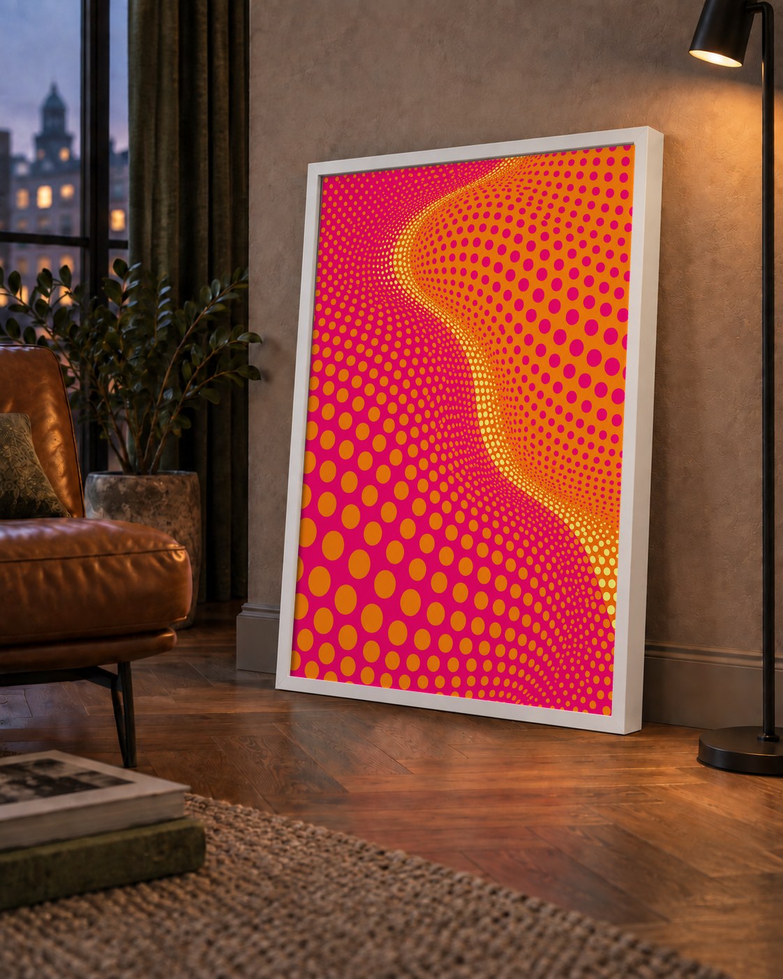 Optik İllüzyon Puantiyeli Pop Art Poster – Pembe Turuncu Sarı — çerçeveli hâliyle bir ev duvarında