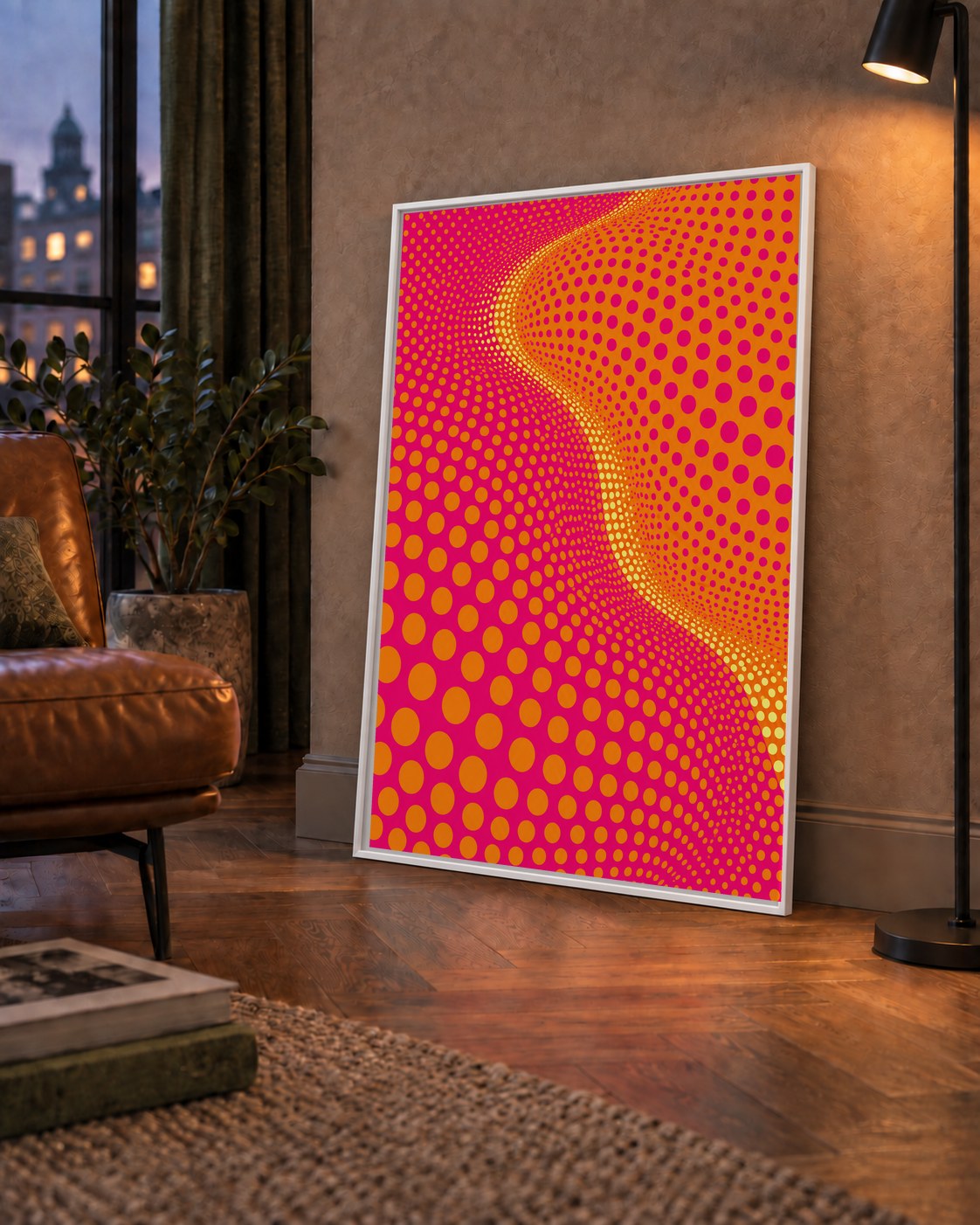 Optik İllüzyon Puantiyeli Pop Art Poster – Pembe Turuncu Sarı — çerçeveli hâliyle bir ev duvarında