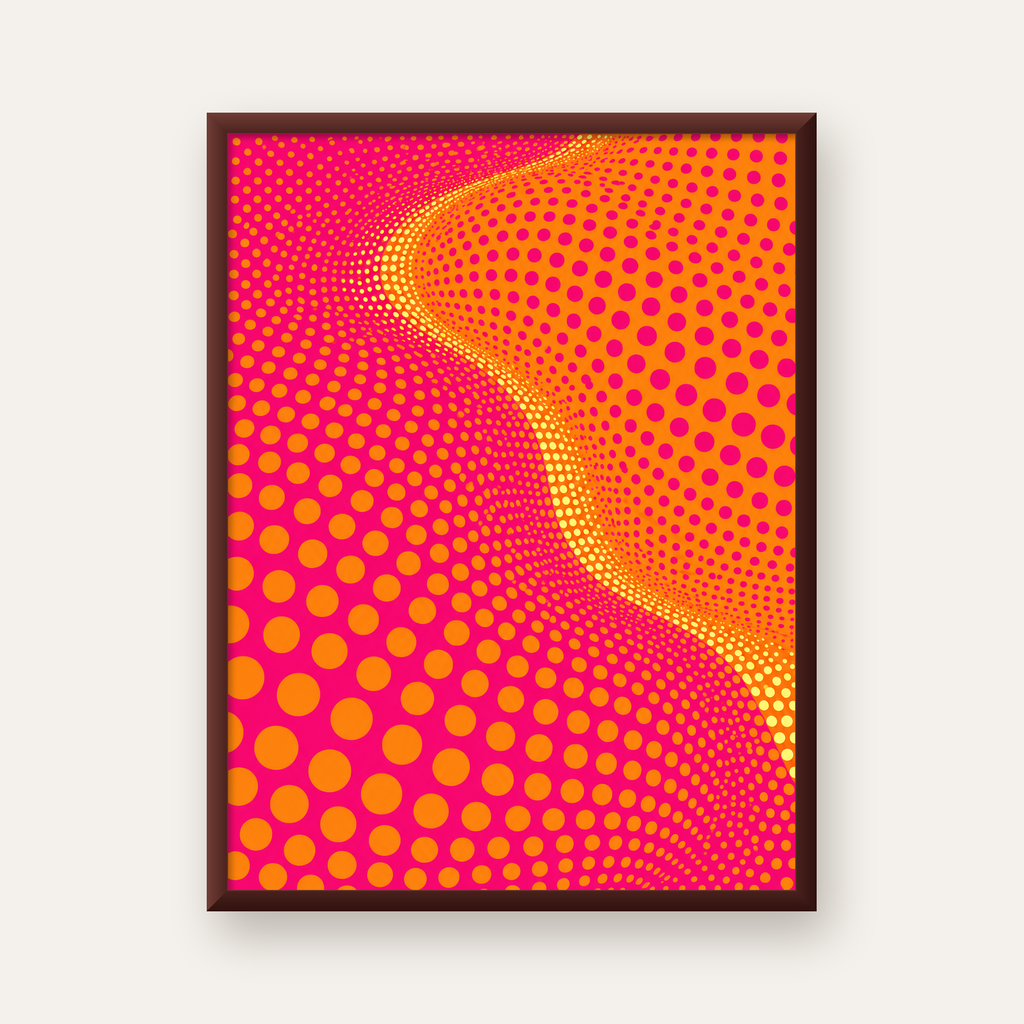 Optik İllüzyon Puantiyeli Pop Art Poster – Pembe Turuncu Sarı — ceviz çerçeveli