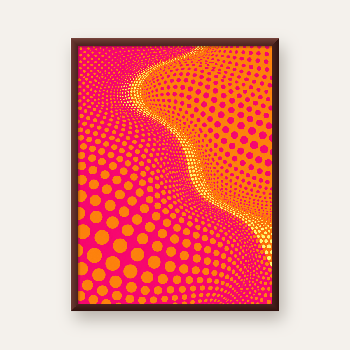 Optik İllüzyon Puantiyeli Pop Art Poster – Pembe Turuncu Sarı — ceviz çerçeveli