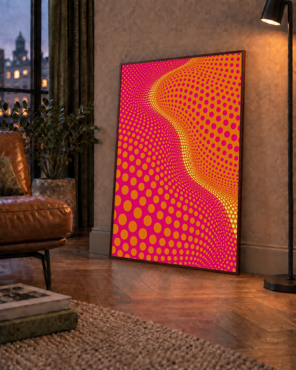 Optik İllüzyon Puantiyeli Pop Art Poster – Pembe Turuncu Sarı — çerçeveli hâliyle bir ev duvarında
