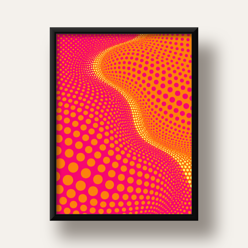Optik İllüzyon Puantiyeli Pop Art Poster – Pembe Turuncu Sarı — siyah derin çerçeveli