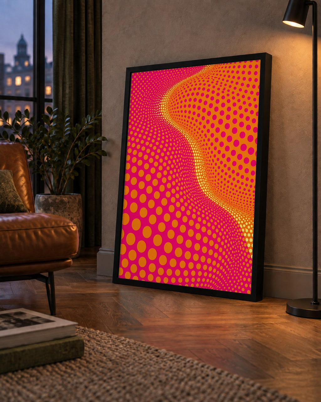 Optik İllüzyon Puantiyeli Pop Art Poster – Pembe Turuncu Sarı — çerçeveli hâliyle bir ev duvarında