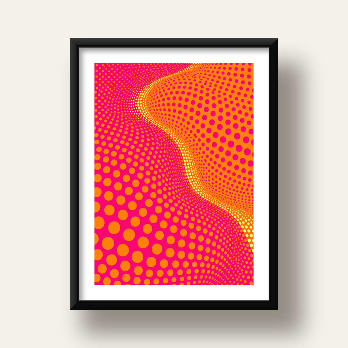 Optik İllüzyon Puantiyeli Pop Art Poster – Pembe Turuncu Sarı — siyah derin çerçeveli paspartulu