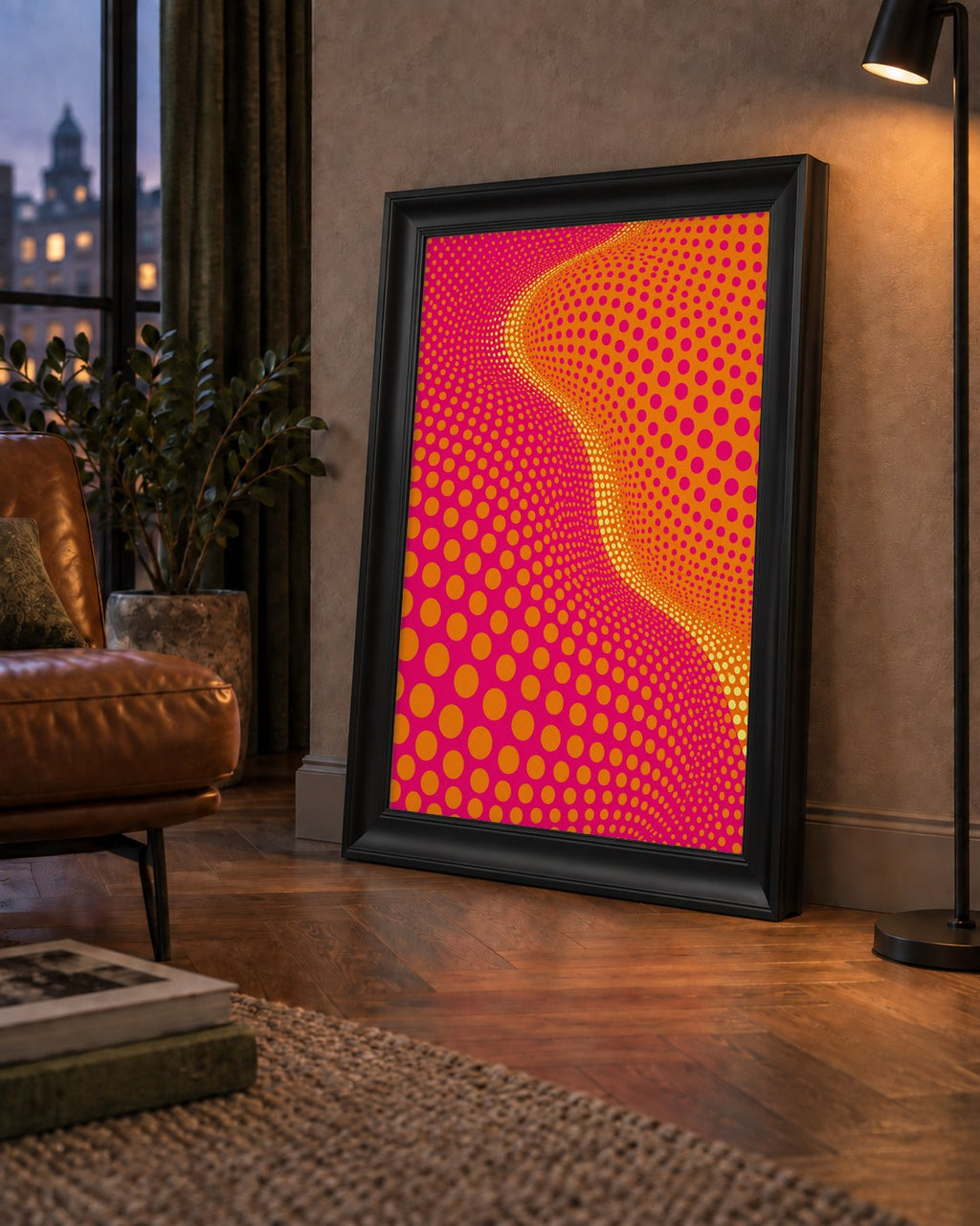 Optik İllüzyon Puantiyeli Pop Art Poster – Pembe Turuncu Sarı — çerçeveli hâliyle bir ev duvarında