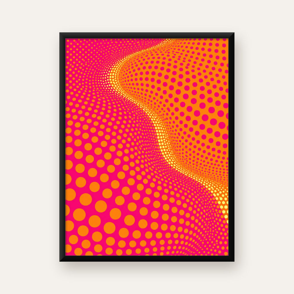 Optik İllüzyon Puantiyeli Pop Art Poster – Pembe Turuncu Sarı — Dikey baskı, düz siyah çerçeveli duvar posteri