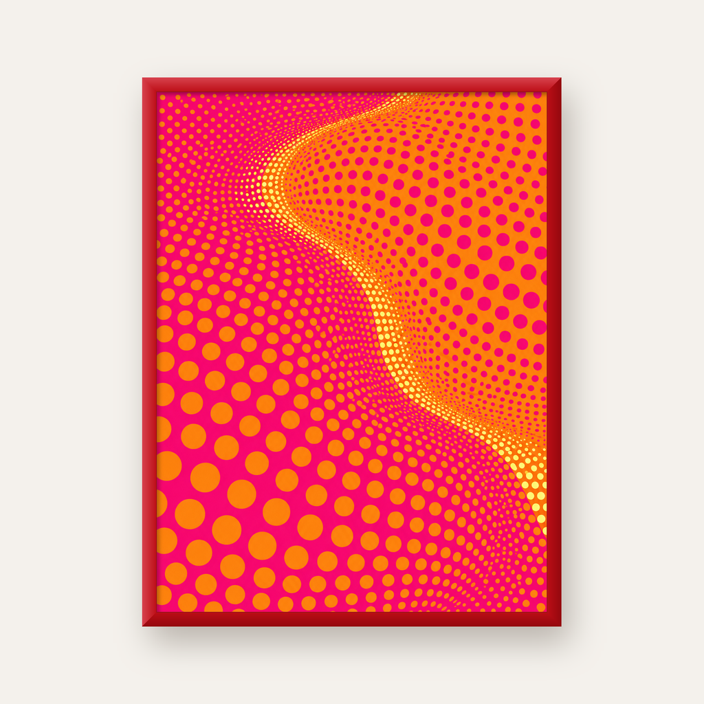 Optik İllüzyon Puantiyeli Pop Art Poster – Pembe Turuncu Sarı — kırmızı çerçeveli