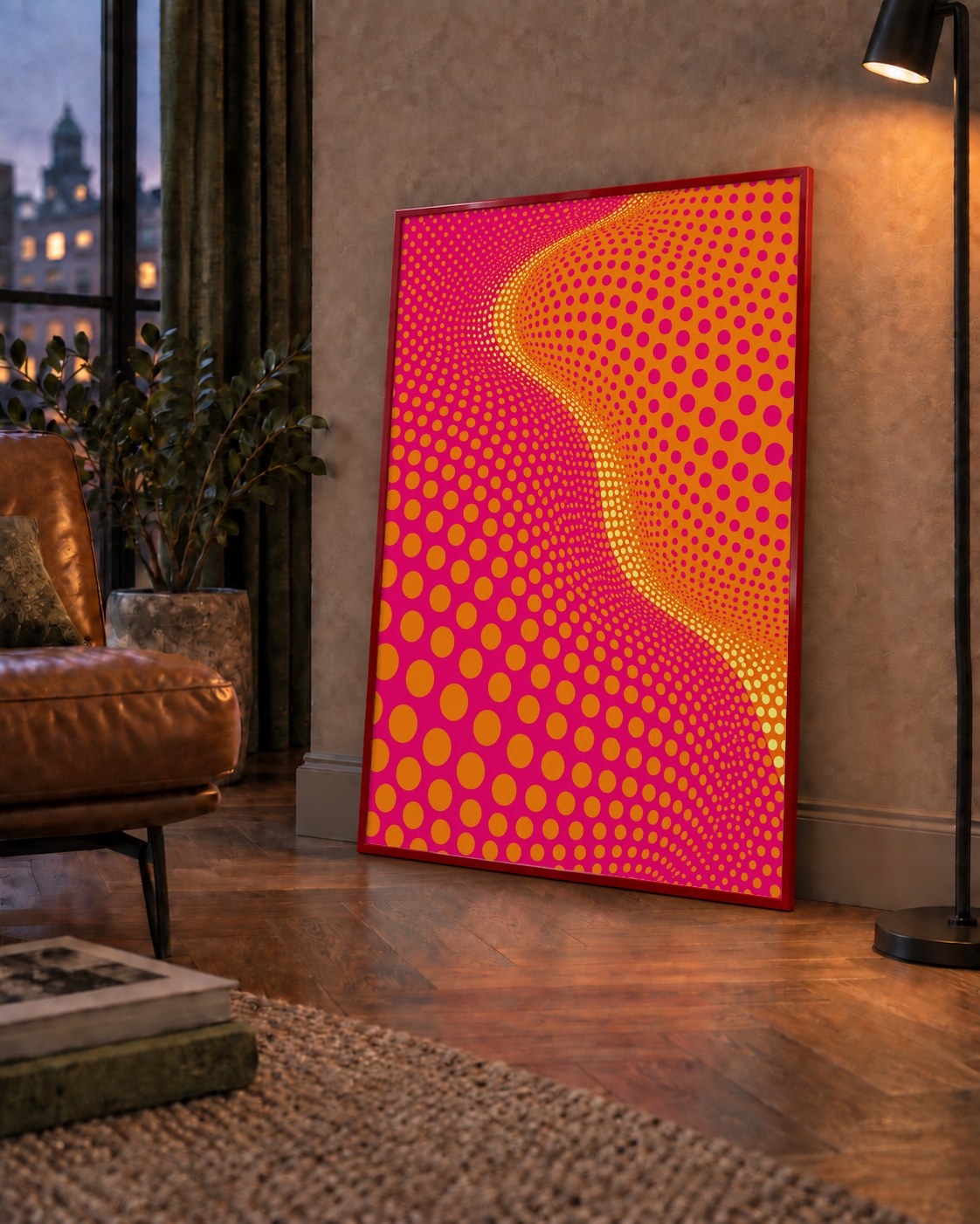 Optik İllüzyon Puantiyeli Pop Art Poster – Pembe Turuncu Sarı — çerçeveli hâliyle bir ev duvarında
