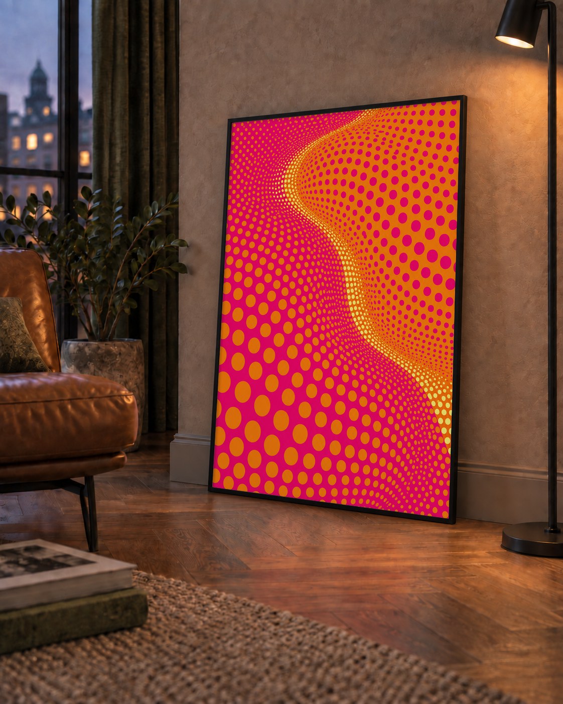 Optik İllüzyon Puantiyeli Pop Art Poster – Pembe Turuncu Sarı — çerçeveli hâliyle bir ev duvarında