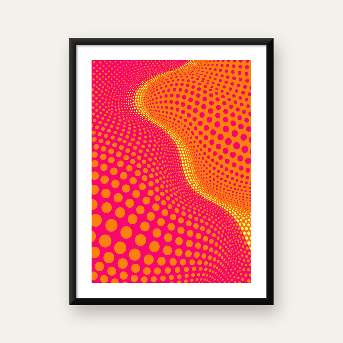 Optik İllüzyon Puantiyeli Pop Art Poster – Pembe Turuncu Sarı — Dikey baskı, beyaz paspartulu