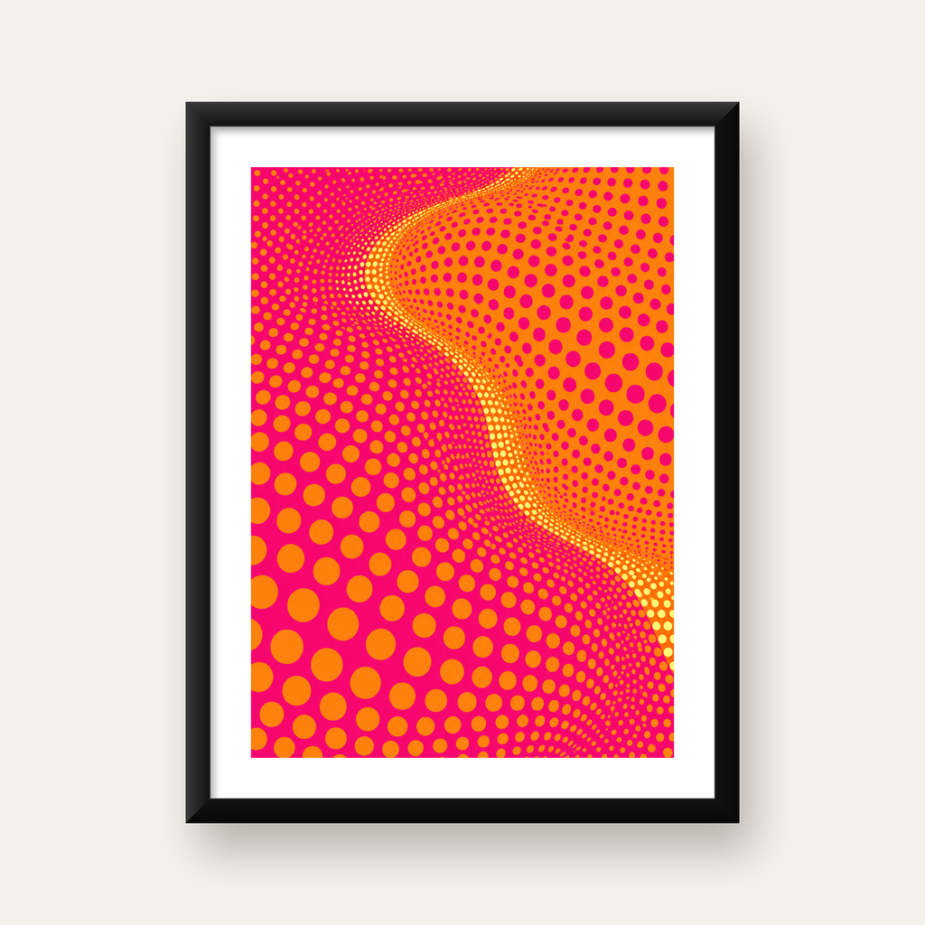 Optik İllüzyon Puantiyeli Pop Art Poster – Pembe Turuncu Sarı — Dikey baskı, beyaz paspartulu