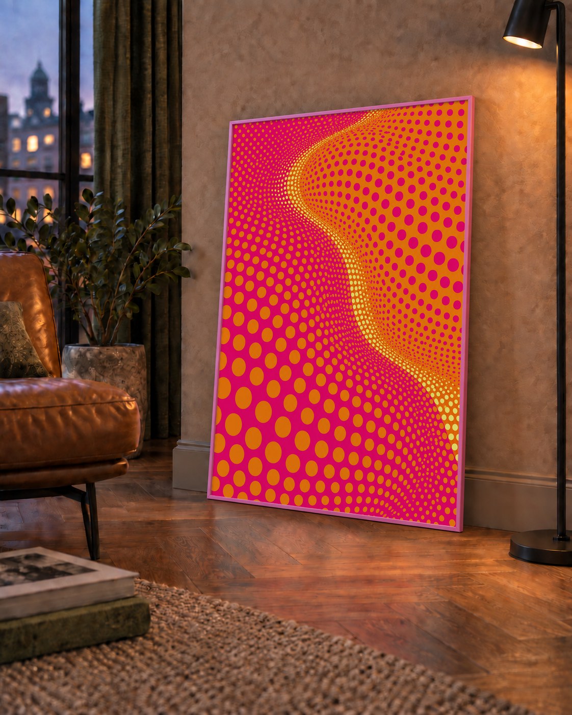 Optik İllüzyon Puantiyeli Pop Art Poster – Pembe Turuncu Sarı — çerçeveli hâliyle bir ev duvarında