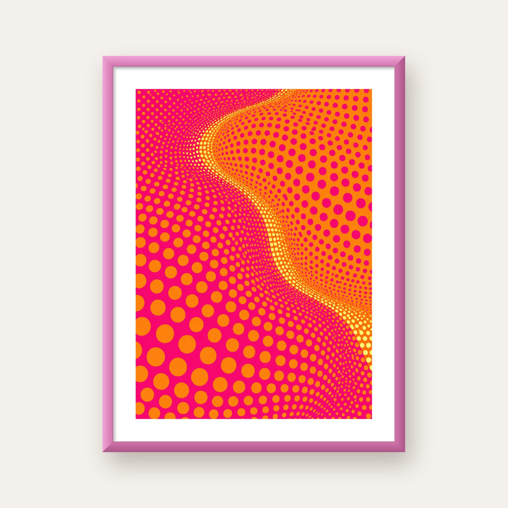 Optik İllüzyon Puantiyeli Pop Art Poster – Pembe Turuncu Sarı — pembe çerçeveli paspartulu