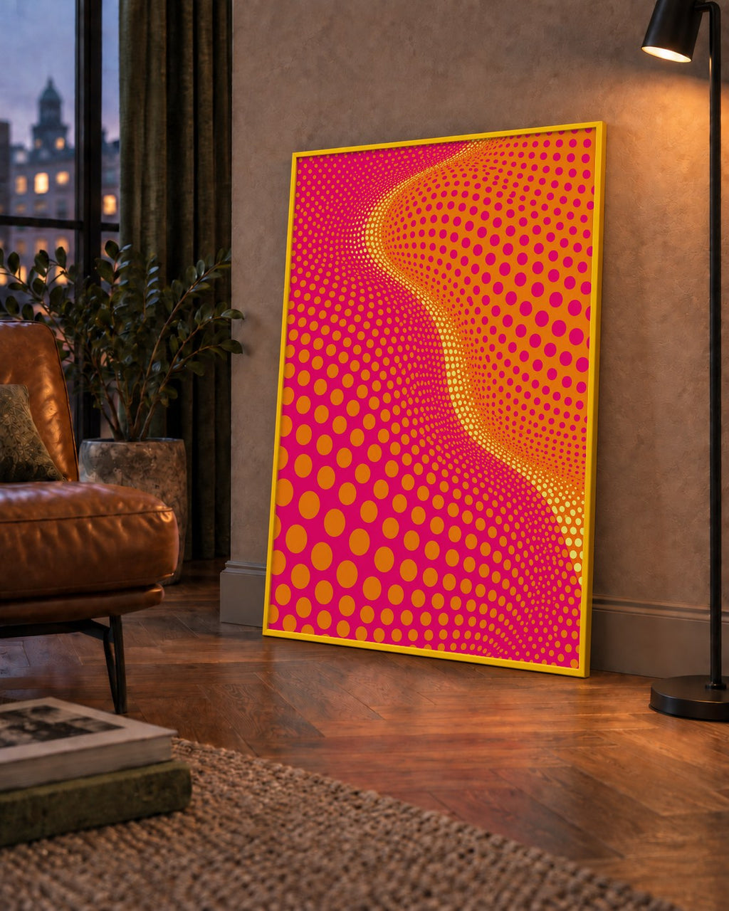 Optik İllüzyon Puantiyeli Pop Art Poster – Pembe Turuncu Sarı — çerçeveli hâliyle bir ev duvarında