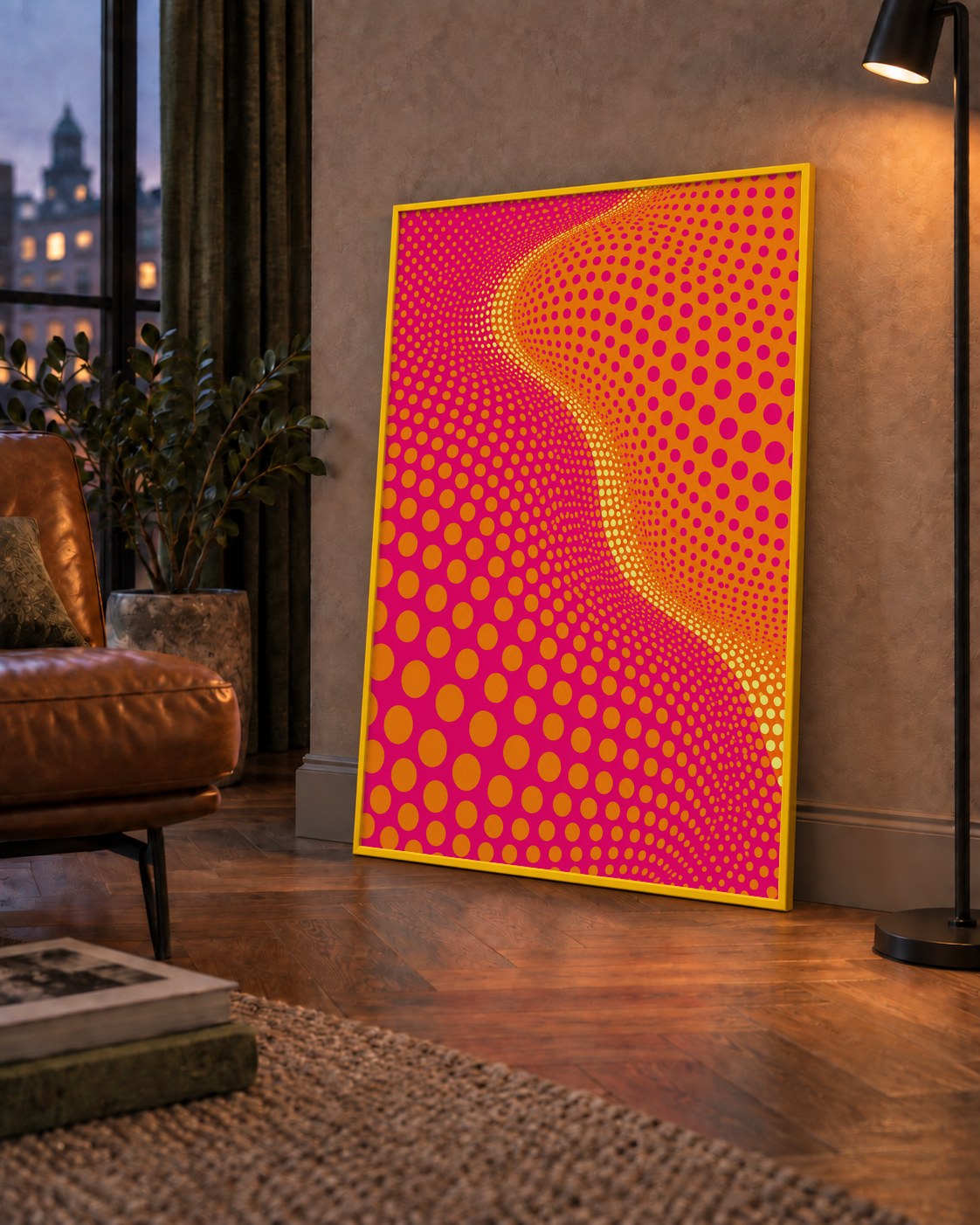 Optik İllüzyon Puantiyeli Pop Art Poster – Pembe Turuncu Sarı — çerçeveli hâliyle bir ev duvarında