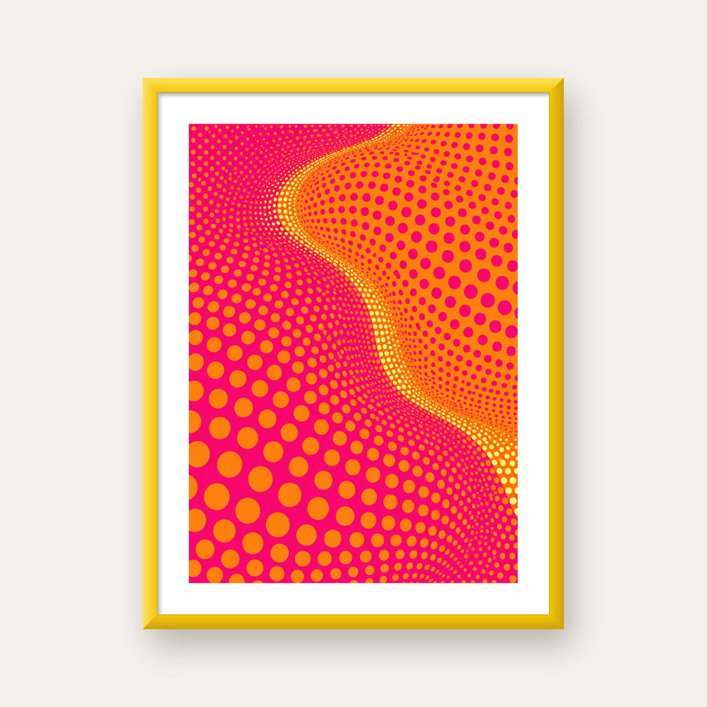 Optik İllüzyon Puantiyeli Pop Art Poster – Pembe Turuncu Sarı — sarı çerçeveli paspartulu