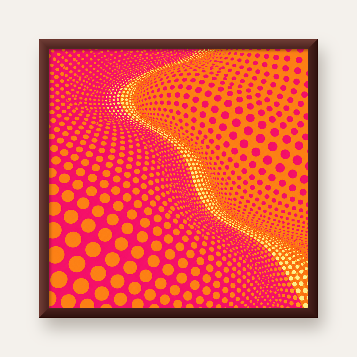 Optik İllüzyon Puantiyeli Pop Art Poster – Pembe Turuncu Sarı — ceviz çerçeveli