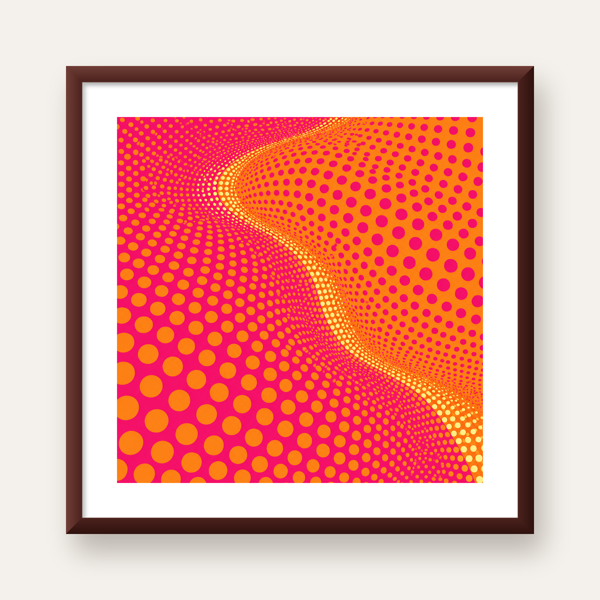 Optik İllüzyon Puantiyeli Pop Art Poster – Pembe Turuncu Sarı — ceviz çerçeveli paspartulu