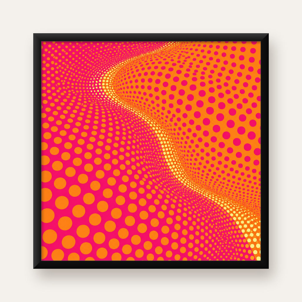 Optik İllüzyon Puantiyeli Pop Art Poster – Pembe Turuncu Sarı — Kare baskı, düz siyah çerçeveli duvar posteri